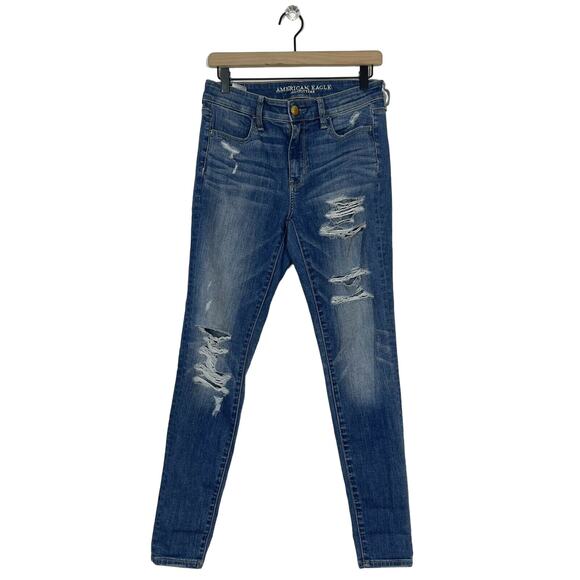 American Eagle Size 4 Super Stretch Hi Rise Jegging Distressed Skinny Blue Jeans - Picture 1 of 10